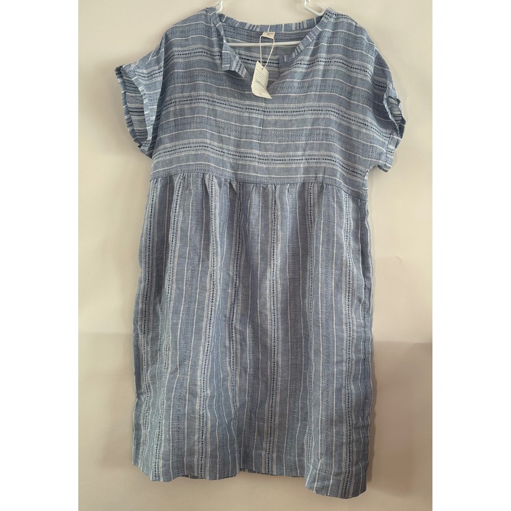 Lintico Blue White Striped Linen Blend Empire Waist Midi Dress Large NWT